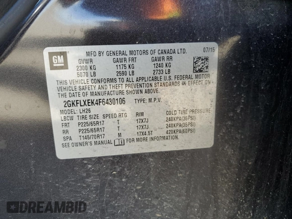 2015 GMC Terrain SLT with VIN 2GKFLXEK4F6430106, listed as a Copart auction lot 57083955 with 72,066 mi miles and Salvage title. Bid and sale history available at DreamBid. Image 13.