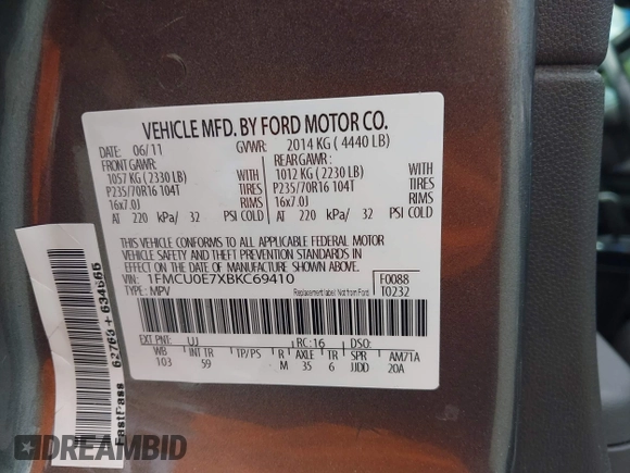 2011 Ford Escape Limited with VIN 1FMCU0E7XBKC69410, listed as a IAAI auction lot 42458547 with 126,022 mi miles and . Bid and sale history available at DreamBid. Image 9.