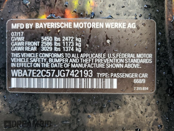 2018 BMW 7 Series 740i with VIN WBA7E2C57JG742193, listed as a Copart auction lot 79301864 with 87,706 mi miles and Salvage Title. Bid and sale history available at carsss.com. Image 13.