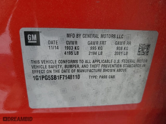 2015 Chevrolet Cruze LTZ with VIN 1G1PG5SB1F7148110, listed as a Copart auction lot 51678035 with 144,215 mi miles and Salvage Title. Bid and sale history available at carsss.com. Image 12.