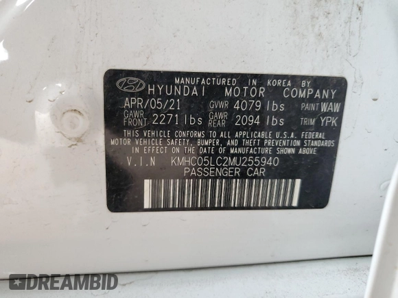 2021 Hyundai Ioniq Limited z VIN KMHC05LC2MU255940, wystawiony jako Copart lot #60332364 z przebiegiem Nie podano mil oraz Szkoda całkowita • Salvage title. Historia ofert i sprzedaży dostępna na DreamBid. Obrazek 12.