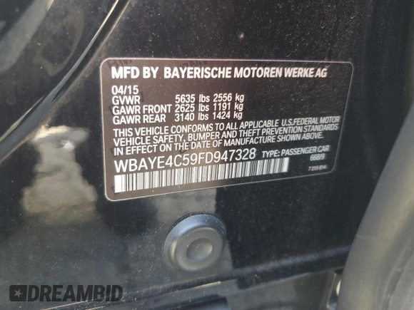2015 BMW 7 Series 740Li with VIN WBAYE4C59FD947328, listed as a Copart auction lot 68987863 with 117,312 mi miles and . Bid and sale history available at DreamBid. Image 13.