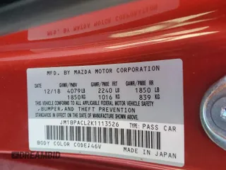 2019 Mazda 3 w/Select with VIN JM1BPACL2K1113526, listed as a Copart auction lot 46502465 with Not Provided miles and Salvage Title. Bid and sale history available at carsss.com. Image 14.