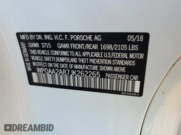 2018 Porsche 718 Cayman z VIN WP0AA2A87JK262265, wystawiony jako Copart lot #72843263 z przebiegiem 32 732 mil mil oraz . Historia ofert i sprzedaży dostępna na DreamBid. Obrazek 13.
