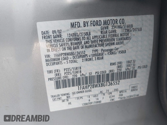 2008 Ford Taurus Limited with VIN 1FAHP28WX8G136552, listed as a IAAI auction lot 42306548 with 148,254 mi miles and . Bid and sale history available at DreamBid. Image 9.