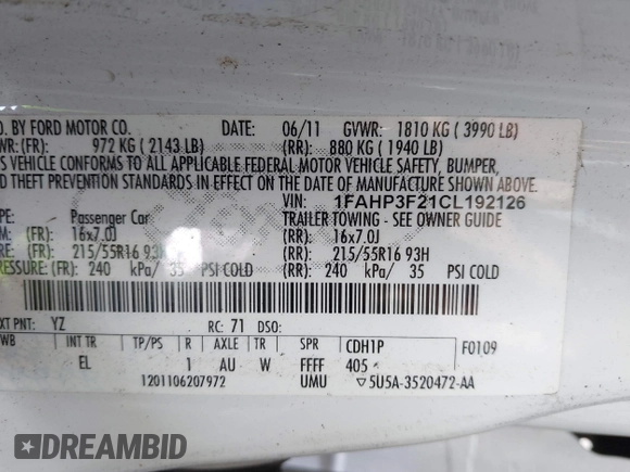 2012 Ford Focus SE with VIN 1FAHP3F21CL192126, listed as a IAAI auction lot 42598631 with 125,741 mi miles and . Bid and sale history available at DreamBid. Image 9.