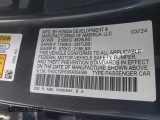 2024 Honda Accord EX-L with VIN 1HGCY2F63RA054589, listed as a IAAI auction lot 41632547 with 16,345 mi miles and . Bid and sale history available at DreamBid. Image 9.