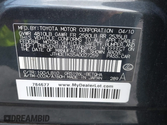 2010 Lexus GS 350 z VIN JTHCE1KS5A0027259, wystawiony jako IAAI lot #42154922 z przebiegiem 194 926 mil mil oraz . Historia ofert i sprzedaży dostępna na DreamBid. Obrazek 9.