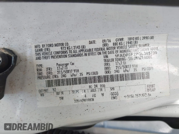 2016 Ford Focus SE with VIN 1FADP3F27GL385739, listed as a IAAI auction lot 42400329 with 114,331 mi miles and . Bid and sale history available at DreamBid. Image 9.