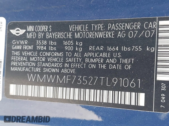 2007 MINI Hardtop S with VIN WMWMF73527TL91061, listed as a IAAI auction lot 41842104 with 65,259 mi miles and . Bid and sale history available at DreamBid. Image 9.