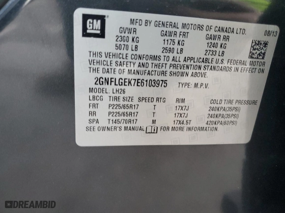 2014 Chevrolet Equinox LT with VIN 2GNFLGEK7E6103975, listed as a Copart auction lot 44196635 with 64,685 mi miles and Non Repairable. Bid and sale history available at carsss.com. Image 13.