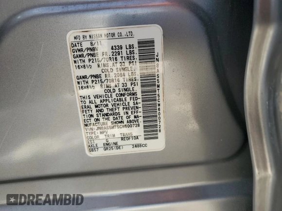 2012 Nissan Rogue SL with VIN JN8AS5MT5CW600728, listed as a Copart auction lot 52172375 with 101,150 mi miles and Salvage Title. Bid and sale history available at DreamBid. Image 13.