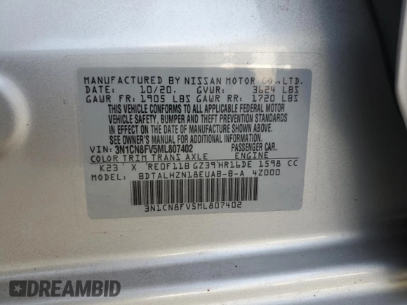 2021 Nissan Versa SR with VIN 3N1CN8FV5ML807402, listed as a Copart auction lot 61392685 with 62,671 mi miles and Salvage title. Bid and sale history available at DreamBid. Image 12.