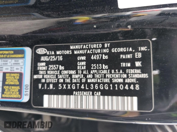 2016 Kia Optima LX with VIN 5XXGT4L36GG110448, listed as a Copart auction lot 48048215 with 145,319 mi miles and Salvage Title. Bid and sale history available at carsss.com. Image 12.