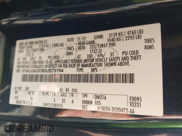 2013 Ford Escape SE with VIN 1FMCU9GX5DUB79784, listed as a IAAI auction lot 42733276 with 110,961 mi miles and . Bid and sale history available at DreamBid. Image 9.