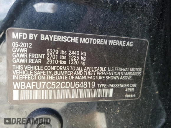 2012 BMW 5 Series 535i xDrive z VIN WBAFU7C52CDU64819, wystawiony jako Copart lot #52544605 z przebiegiem 171 974 mil mil oraz Szkoda całkowita • Salvage title. Historia ofert i sprzedaży dostępna na DreamBid. Obrazek 13.