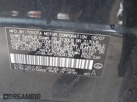 2007 Lexus LS 460 z VIN JTHBL46F275041387, wystawiony jako IAAI lot #42417384 z przebiegiem 154 787 mil mil oraz . Historia ofert i sprzedaży dostępna na DreamBid. Obrazek 9.