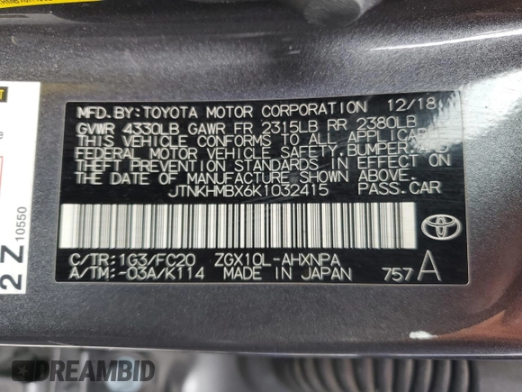 2019 Toyota C-HR XLE with VIN JTNKHMBX6K1032415, listed as a Copart auction lot 44971225 with 71,395 mi miles and Salvage Title. Bid and sale history available at DreamBid. Image 13.