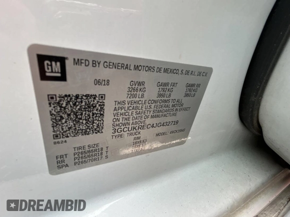 2018 Chevrolet Silverado 1500 LT with VIN 3GCUKREC4JG432719, listed as a Copart auction lot 52822625 with 161,100 mi miles and Clean Title. Bid and sale history available at carsss.com. Image 10.