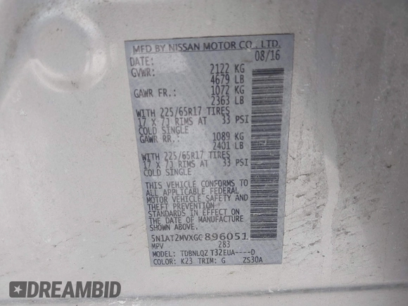 2016 Nissan Rogue SL with VIN 5N1AT2MVXGC896051, listed as a IAAI auction lot 41684560 with 102,182 mi miles and . Bid and sale history available at DreamBid. Image 9.