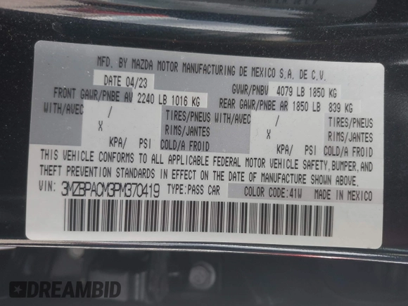 2023 Mazda 3 S Preferred with VIN 3MZBPACM3PM370419, listed as a IAAI auction lot 41928225 with Not Provided miles and . Bid and sale history available at DreamBid. Image 9.