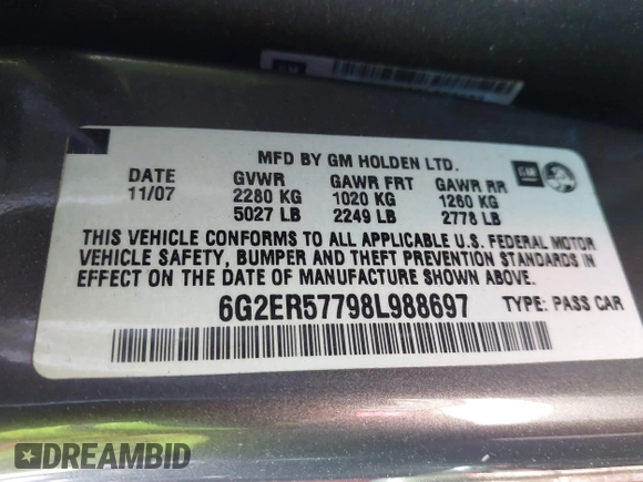2008 Pontiac G8 z VIN 6G2ER57798L988697, wystawiony jako IAAI lot #41690384 z przebiegiem 166 798 mil mil oraz . Historia ofert i sprzedaży dostępna na DreamBid. Obrazek 9.