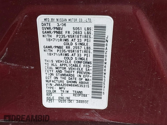 2006 Nissan Murano S z VIN JN8AZ08W66W535315, wystawiony jako IAAI lot #42353010 z przebiegiem 111 708 mil mil oraz . Historia ofert i sprzedaży dostępna na DreamBid. Obrazek 9.