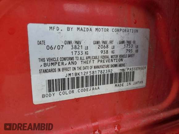 2008 Mazda 3 i Sport with VIN JM1BK12F581782392, listed as a Copart auction lot 44951295 with 188,112 mi miles and Non Repairable. Bid and sale history available at DreamBid. Image 12.