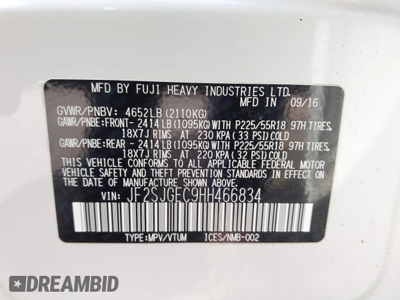 2017 Subaru Forester Premium with VIN JF2SJGEC9HH466834, listed as a IAAI auction lot 41847374 with 93,002 mi miles. Bid and sale history available at carsss.com. Image 9.