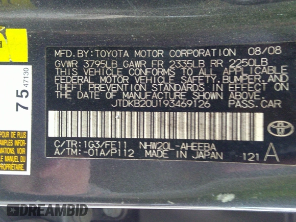 2009 Toyota Prius with VIN JTDKB20U193469126, listed as a IAAI auction lot 41936477 with 116,717 mi miles. Bid and sale history available at carsss.com. Image 9.