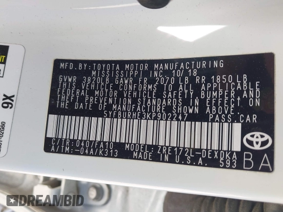 2019 Toyota Corolla L z VIN 5YFBURHE3KP902247, wystawiony jako IAAI lot #42138396 z przebiegiem 72 313 mil mil oraz . Historia ofert i sprzedaży dostępna na DreamBid. Obrazek 9.