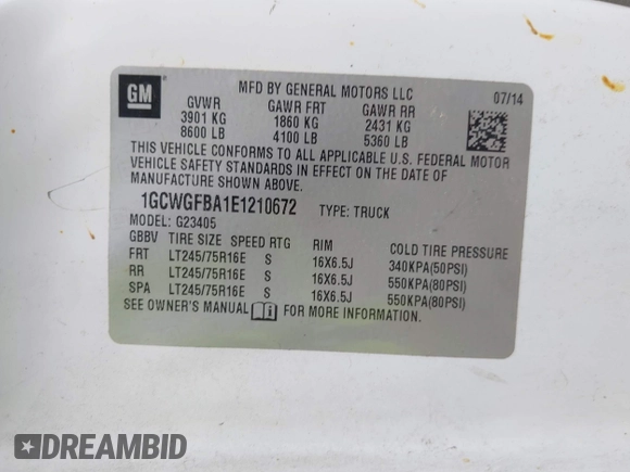 2014 Chevrolet Express Cargo with VIN 1GCWGFBA1E1210672, listed as a IAAI auction lot 42184397 with 174,364 mi miles and . Bid and sale history available at DreamBid. Image 9.