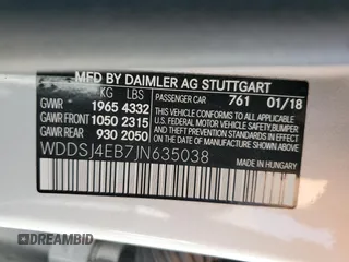2018 Mercedes-Benz CLA with VIN WDDSJ4EB7JN635038, listed as a Copart auction lot 61143393 with 59,872 mi miles. Bid and sale history available at carsss.com. Image 12.
