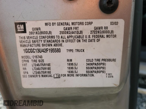 2002 Chevrolet Silverado 1500HD LT with VIN 1GCGC13U42F195580, listed as a Copart auction lot 53432235 with 238,007 mi miles and Salvage Title. Bid and sale history available at DreamBid. Image 15.