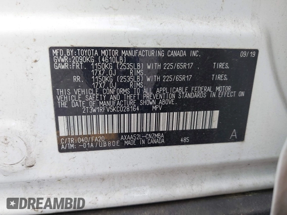 2019 Toyota RAV4 XLE with VIN 2T3W1RFV5KC028164, listed as a IAAI auction lot 42002503 with 79,346 mi miles. Bid and sale history available at carsss.com. Image 9.