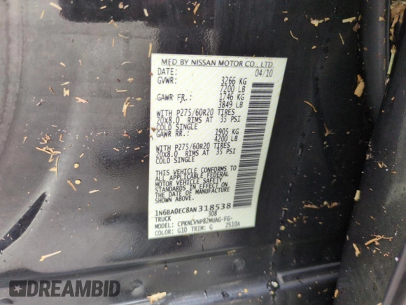 2010 Nissan Titan LE with VIN 1N6BA0EC8AN318538, listed as a Copart auction lot 74122194 with Not Provided miles and Salvage Title. Bid and sale history available at carsss.com. Image 13.