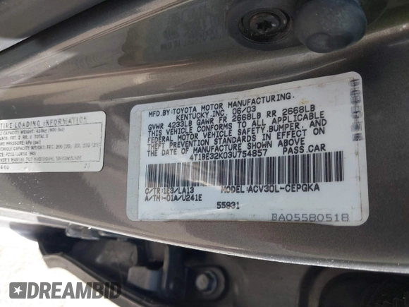 2003 Toyota Camry LE with VIN 4T1BE32K03U754857, listed as a IAAI auction lot 42224229 with Not Provided miles and . Bid and sale history available at DreamBid. Image 9.