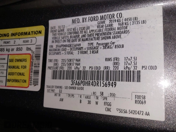 2013 Ford Fusion SE with VIN 3FA6P0HR4DR156949, listed as a IAAI auction lot 42050473 with 125,439 mi miles and . Bid and sale history available at DreamBid. Image 9.