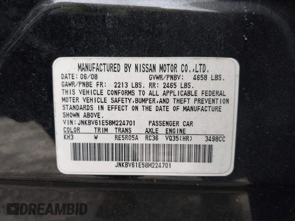 2008 Infiniti G35 Journey with VIN JNKBV61E58M224701, listed as a IAAI auction lot 42454776 with 238,552 mi miles and . Bid and sale history available at DreamBid. Image 9.