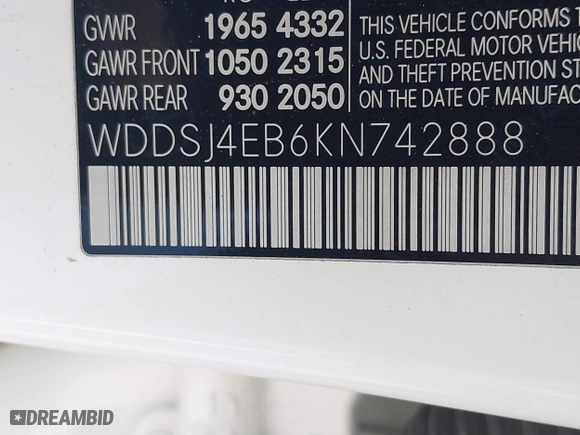 2019 Mercedes-Benz CLA with VIN WDDSJ4EB6KN742888, listed as a IAAI auction lot 41454417 with 71,922 mi miles. Bid and sale history available at carsss.com. Image 9.