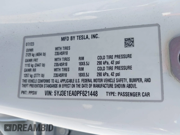 2023 Tesla Model 3 with VIN 5YJ3E1EA0PF621448, listed as a IAAI auction lot 42500155 with 26,589 mi miles and . Bid and sale history available at DreamBid. Image 9.