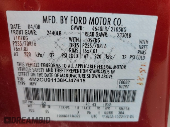 2008 Mercury Mariner with VIN 4M2CU91138KJ47615, listed as a Copart auction lot 55449304 with 215,666 mi miles and Salvage Title. Bid and sale history available at carsss.com. Image 13.