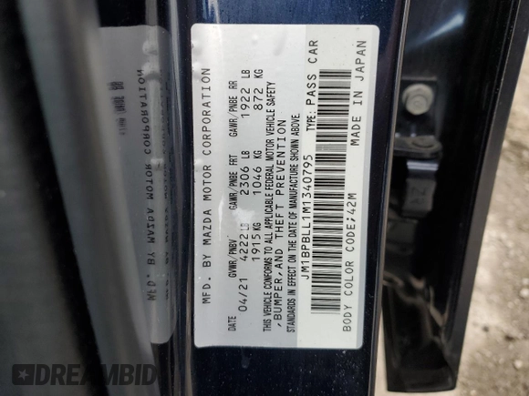 2021 Mazda 3 Preferred with VIN JM1BPBLL1M1340795, listed as a Copart auction lot 52627905 with 13,596 mi miles and Salvage title. Bid and sale history available at DreamBid. Image 14.