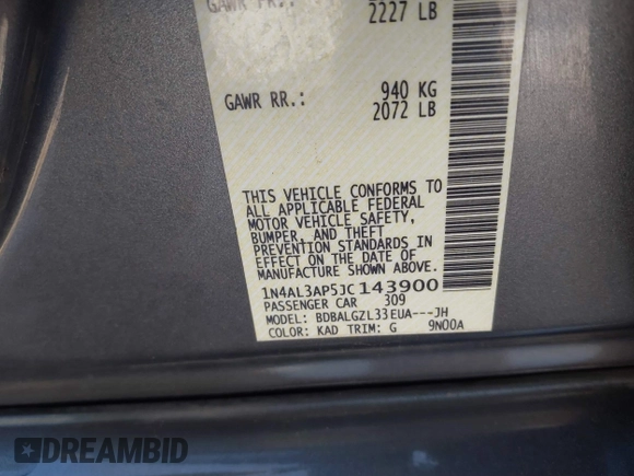 2018 Nissan Altima SR with VIN 1N4AL3AP5JC143900, listed as a IAAI auction lot 41750618 with 142,160 mi miles and . Bid and sale history available at carsss.com. Image 9.