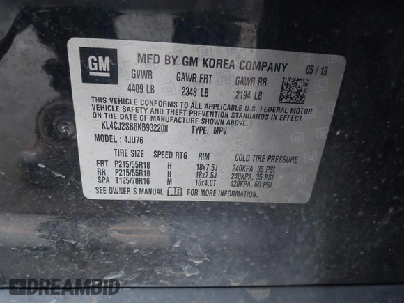 2019 Buick Encore Sport Touring with VIN KL4CJ2SB6KB932208, listed as a IAAI auction lot 41825750 with 144,425 mi miles and . Bid and sale history available at DreamBid. Image 9.