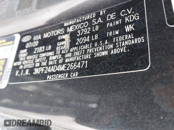 2021 Kia Forte LXS with VIN 3KPF24AD4ME266471, listed as a IAAI auction lot 41972334 with 54,346 mi miles and . Bid and sale history available at DreamBid. Image 9.