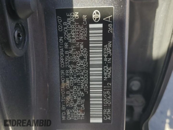 2007 Toyota Prius with VIN JTDKB20U273244839, listed as a Copart auction lot 53083365 with 166,914 mi miles and Salvage Title. Bid and sale history available at carsss.com. Image 13.