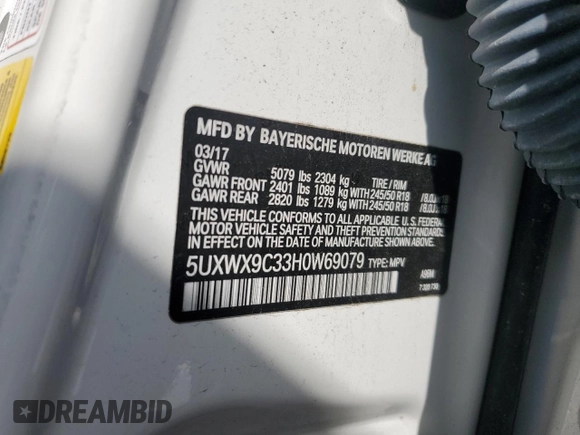 2017 BMW X3 xDrive28i with VIN 5UXWX9C33H0W69079, listed as a Copart auction lot 54417295 with 41,385 mi miles and Salvage Title. Bid and sale history available at DreamBid. Image 13.