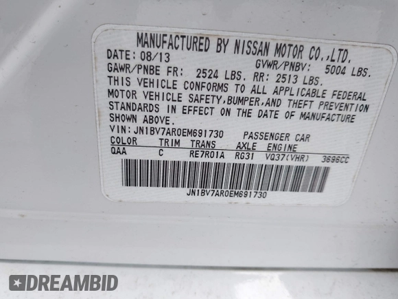 2014 Infiniti Q50 Premium с VIN JN1BV7AR0EM691730, выставлен на аукционе IAAI как лот 42138437 с пробегом 103 958 миль миль и . История ставок и продаж доступна на DreamBid. Изображение 9.