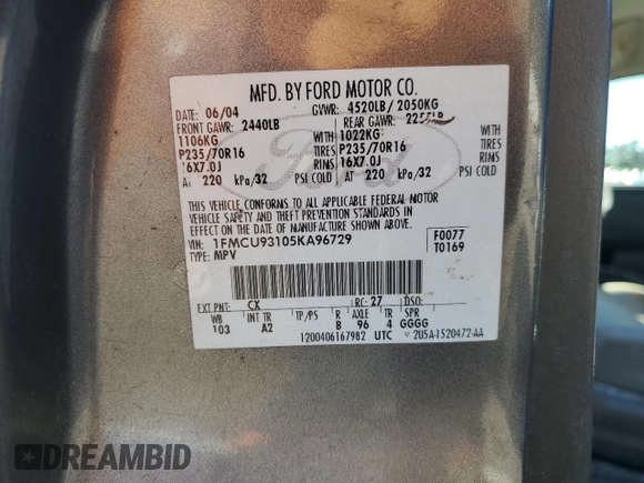2005 Ford Escape XLT with VIN 1FMCU93105KA96729, listed as a Copart auction lot 75553354 with 220,081 mi miles and Salvage Title. Bid and sale history available at DreamBid. Image 15.